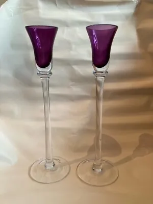 Buy Pair Of Amethyst Purple Glass Footed Tall Slim Candlestick Holders 30 Cm Tall • 18£