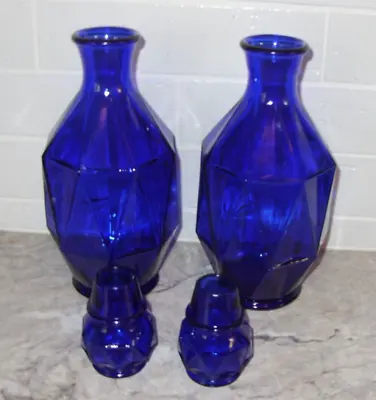 Buy Cobalt Blue Glassware Geometric Design Bottles 2 Tall 2 Short Vase Lot EXCELLENT • 23.62£