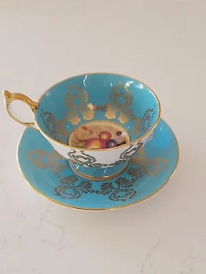 Buy Aynsley Tea Cup & Saucer Turquoise White Orchard Gold 2832 Vintage • 90£
