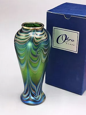 Buy Okra Studio Glass Richard Goulding Gold Collar 21cm Green Iridescent Vase Boxed • 195£
