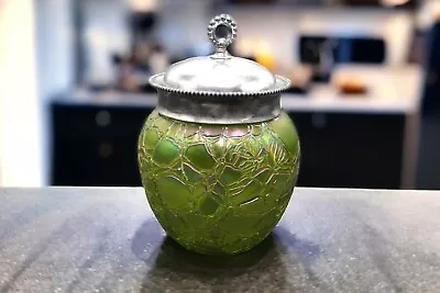 Buy Kralik Bohemian Art Nouveau Green Threaded Iridescent Crackle Glass Biscuit Jar • 212.62£
