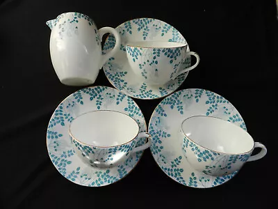 Buy Set Of Three Shelley Bute Shape Cups And Saucers Milk Jug Turquoise Laburnum • 39.99£