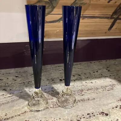 Buy Pair Of Vintage Cobalt Blue Glass Bud Vases Clear Base With Bubbles 10.5” Tall • 16£