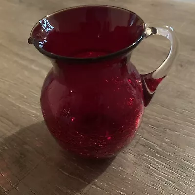 Buy Vintage Ruby Red Hand Blown Crackle Glass Pitcher Applied Handle 5  • 11.50£