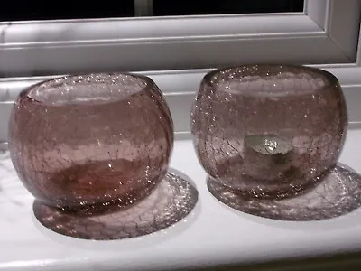 Buy Pair Of Crackled Glass Tealight Holders In Rose Pink Colour • 1.99£