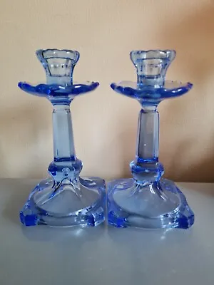 Buy Pair Of 1930's Blue Glass Candlesticks. • 19.99£
