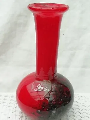 Buy Vintage Hand Blown Red Phoenecian Glass Vase Malta Signed Label • 12£