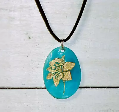 Buy Handcrafted Turquoise Ripple Stained Glass Etched Daffodil Necklace In Gift Bag • 18£