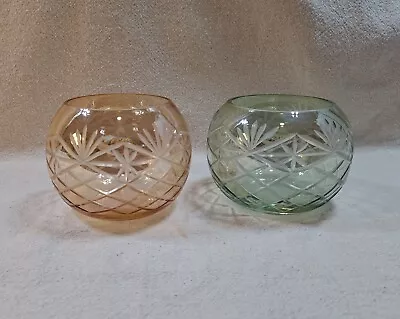 Buy BOHEMIAN Style Amber & Green  Cut To Clear Glass Candle Holder Votive   A1 Cond. • 9.39£