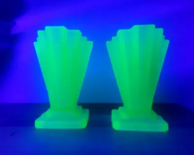Buy Art Deco Pair Of  4 Inches Tall Bagley Green Uranium Grantham Glass Vases • 25£