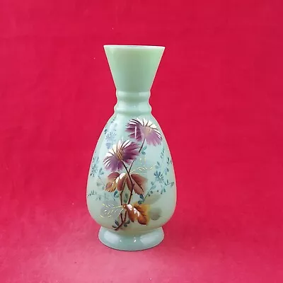 Buy Antique Green Hand Painted Floral Glass Vase - 8757 O/A • 95£