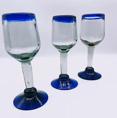 Buy Mexico Glassware Hand Blown Wine Glasses Cobalt Blue And Clear Glass • 24.70£