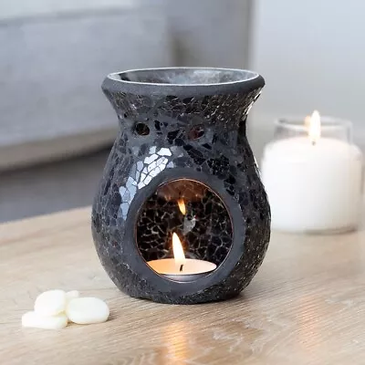 Buy Black Oil Burner Mosaic Crackle Glass Small 11cm - For Oil / Wax Melts • 12.47£