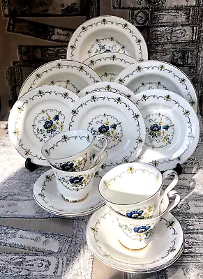 Buy Vintage Staffordshire Blue & Gold Flowers Bone China Breakfast/Lunch Set For 4 • 18£