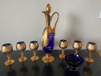 Buy Vintage Glass Sapphire Cobalt Blue Gold Hand Painted Floral Wine Cordial Set • 264.14£