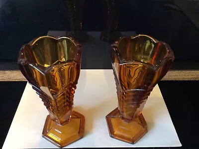 Buy Vintage 1930s Davidson Chevron Amber Pressed Glass Vase Pair, Good Condition • 15£