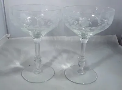 Buy  Vintage Pair Of Fancy Art Deco  Crystal Tall Champagne Cocktail Glasses Flowers • 32£