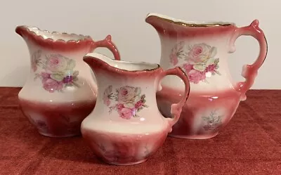 Buy 3 Graduated Rockingham Pottery Pink Floral Jugs 4.25” - 5.75” Tall  • 10£