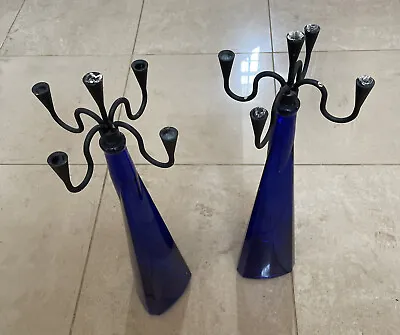 Buy Pair Tall Blue Glass 5 Candle Triangle Bottle Candelabras 58cm Overall Height • 25£
