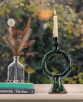 Buy Tamegroute Shaded Green Candlestick Holder - Ceramic Glazed Pottery Candleholder • 38£