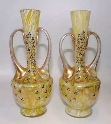 Buy Pair Of Franz Welz Mosser Bohemian Spatter Glass Vases Hand Painted Gilt Handles • 35£