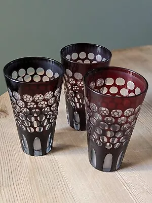 Buy 3x Vintage Bohemian Ruby Red Cut To Clear Crystal Czech Thumbprint Glasses 14cm • 32£