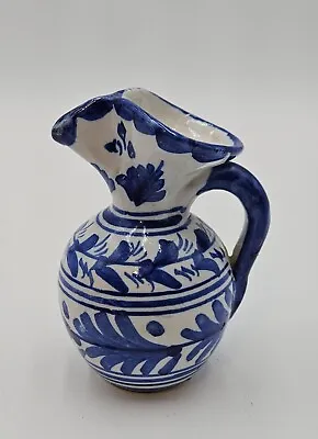 Buy Small Blue And White Hand Painted Folk Art Pottery Pitcher 4.5x3  Signed  • 15.25£
