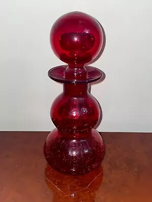 Buy Vintage Red Cracked Glass Decanter Vase MCM Rainbow Hand Blown • 72.39£