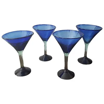 Buy Set Of 4 Mexico Hand Blown Bubble Martini Glasses Cobalt Green Glassware 8  • 56.81£