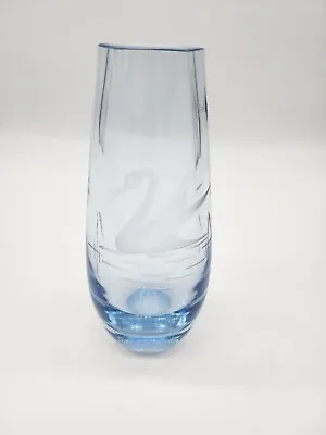 Buy VTG Crystal Vase 6.5” Tall Etched Swan Scene  Scandinavian MCM Glass BLUE TINT • 15.41£