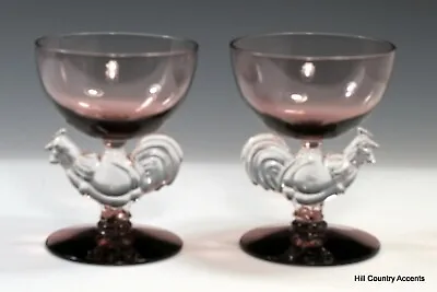 Buy TWO MORGANTOWN CHANTICLEER ROOSTERS - 1930's- AMETHYST CHAMPAGNE SHERBETS - MINT • 46.47£