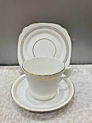 Buy Vintage Windsor English Bone China Trio White And Gold Cup Saucer & Square Plate • 4£