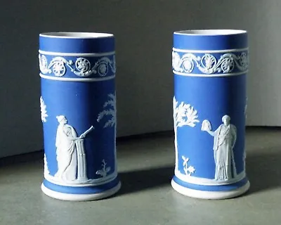 Buy Pair Of Antique 5 Inch Blue Jasperware Wedgwood Spill Vases With Classical Muses • 85£