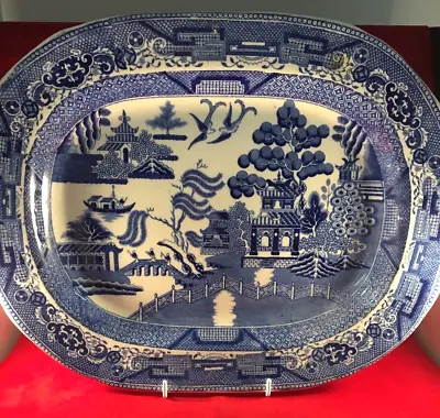 Buy Antique Staffordshire Stone China Blue & White Willow Pattern Platter Plate • 19.99£