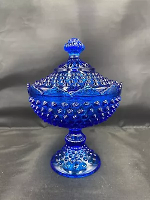 Buy Fenton Colonial Blue Hobnail Lidded Pedestal Candy Dish ~uv365 Glows~ • 47.31£