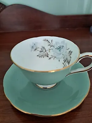 Buy AYNSLEY Bone China Cup & Saucer Light Teal & White Gold Floral England Vintage • 16.65£