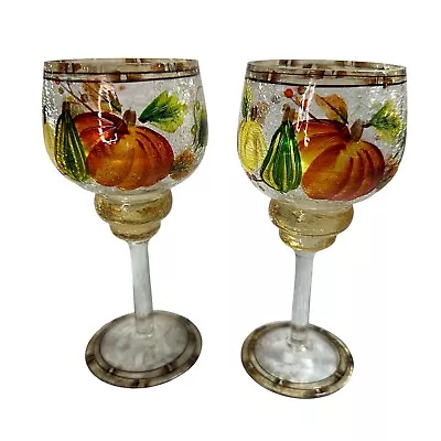 Buy Hand Painted Wine Glasses Set Of 2 Crackle Glass Fall Harvest Pumpkins Holidays • 42.69£