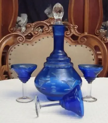 Buy Glass Set Vintage Blue Colored Drink Cups 1950s Blown Bottle Drinking Ussr Decor • 142.08£