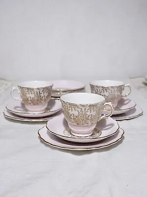 Buy Royal Vale Bone China Cup & Saucer Pink Gold Leaf Trim Made In England Set Of 14 • 38.88£