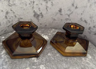 Buy  Pair Of Vintage Amber & Brown Cut Glass Candlesick Holders Art Deco • 13.99£
