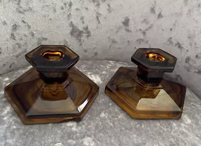 Buy Vintage Pair Of Amber & Brown Cut Glass Candlesick Holders Art Deco • 14£