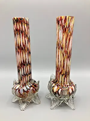 Buy Pair Of Antique Bohemian Welz Multicoloured Spatter Glass Vases - Chipped Leaves • 29.99£
