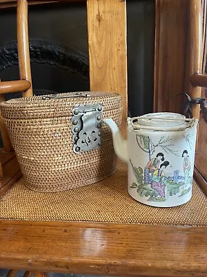 Buy Antique Chinese Teapot Famille Rose Hand Painted Original Wicker Basket • 26£