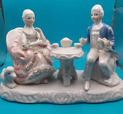 Buy Vintage Porcelain Victorian Man & Woman Drinking Tea Figurine Dresden Style • 71.13£