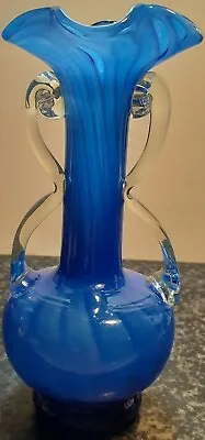 Buy Vintage Cobalt Blue Mid Century Art Glass Bud Vase Clear Glass Applied Handles • 10.99£