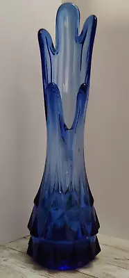 Buy Vintage ~ 5 Finger Blue Swung Vase 10 1/2” Tall Ribbed W/ Cut Glass Base ~ MCM • 33.62£