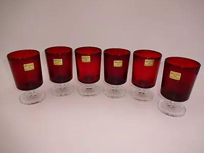 Buy Set Of 6 Vintage Ruby Red Clear Glass Arcoroc Footed Cordial Glasses 4  France • 24.01£