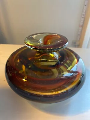 Buy Vintage Heavy Hand Blown Amber Swirl Glass Vase Unsigned  D - 13 Cm VGC • 9.99£