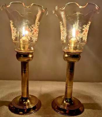 Buy Brass & Painted Handkerchief Glass Candlestick Pair  32 Cm Tall Vintage • 50£