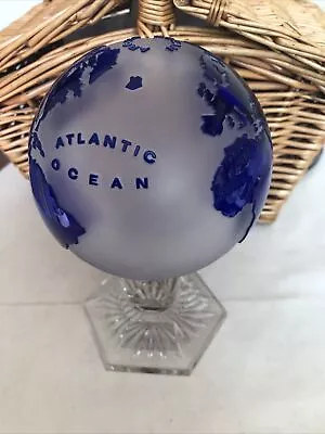 Buy Glass Globe Hand Blown Paperweight Blue Overlay On Stand • 19.99£